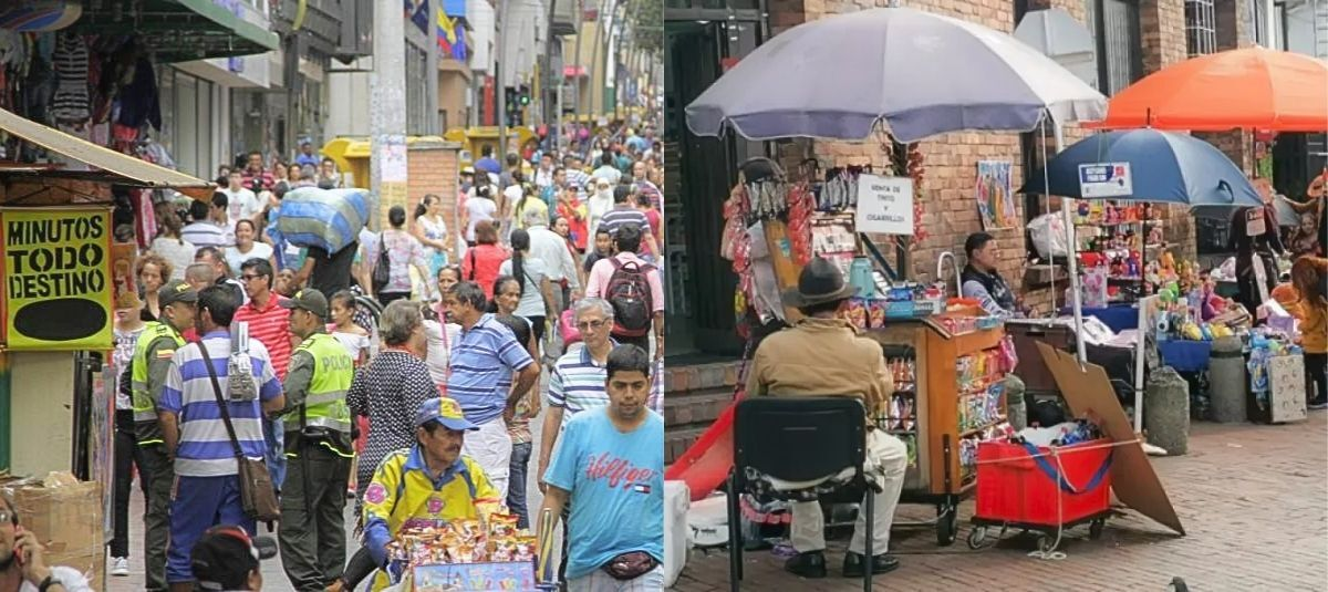 Composición de dos escenas callejeras. A la izquierda, una densa multitud de peatones y policías. A la derecha, vendedores ambulantes con carritos y grandes sombrillas ofreciendo tintos y dulces. Jaime Moreno. Archivo EL TIEMPO