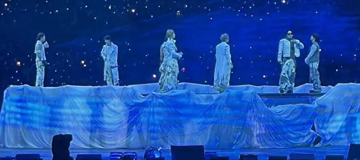 BTS performing their first ARIRANG World Tour concert at Estadio El Campín in Bogotá on October 2, 2026