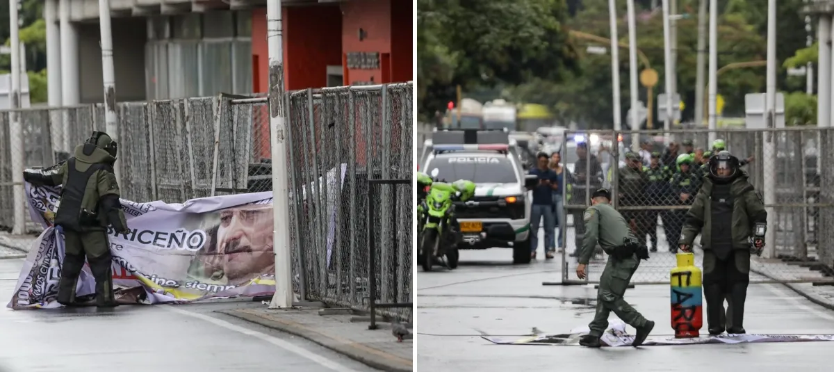 Cilindro y pancarta de las disidencias de las Farc en Cali.