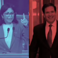 Donald Trump, presidente EE.UU. UU.; Delcy Rodríguez, encargada de Venezuela; y Marco Rubio.