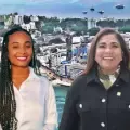La gobernadora de San Andrés y la congresista Elizabeth Jay-Pang Díaz. Al fondo, el archipiélago.
