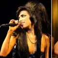 La verdadera Amy Winehouse actuando en 2008 (izquierda) y la actriz Marisa Abela interpretando a la cantante en la película.