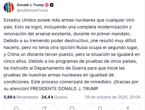 Trump ordenó reanudar pruebas nucleares.