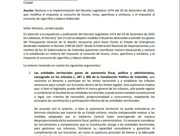 Esta fue la carta de los gobernadores enviada al ministro de Hacienda, Germán Ávila.