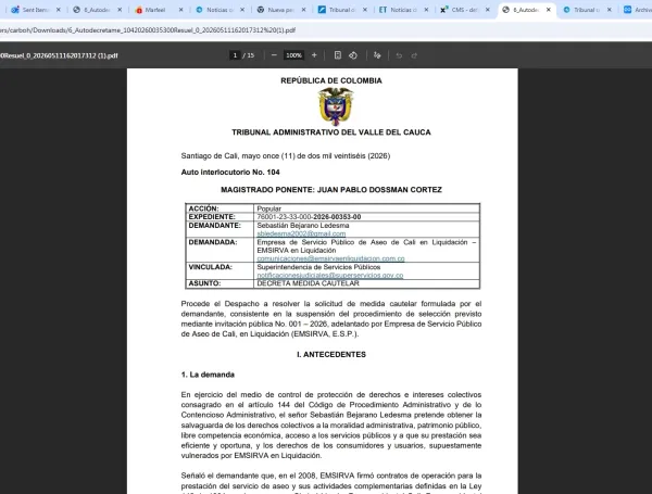La decisión del Tribunal Administrativo del Valle sobre la recolección de basuras en Cali y la licitación por nuevos operadores.