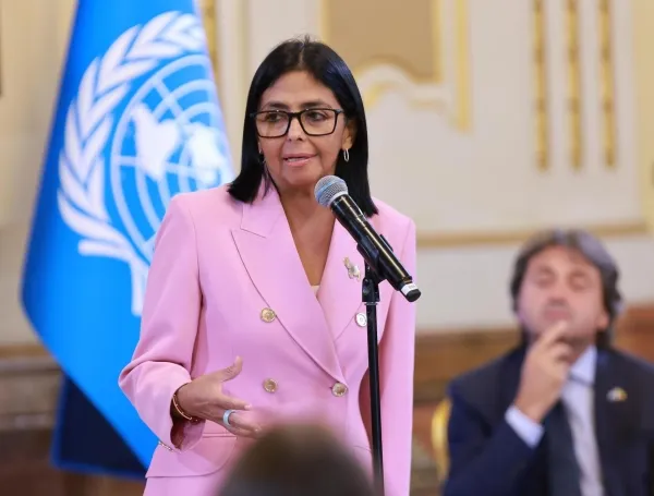 La presidenta encargada de Venezuela, Delcy Rodríguez, durante un evento de la ONU