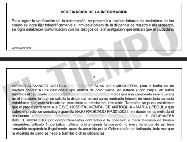 En el expediente de la orden de allanamiento, se señala que el predio pertenece al Hospital Mental.