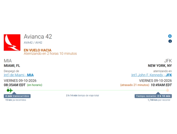 Estado actual del vuelo AV42 con destino al aeropuerto John F. Kennedy de Nueva York.
