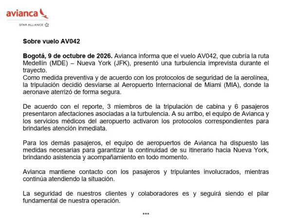 Comunicado de Avianca sobre el vuelo AV042.