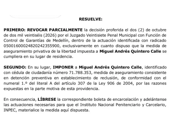 Decisión del juez de segunda instancia contra Miguel Quintero.