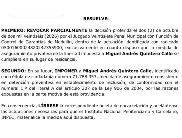 Decisión del juez de segunda instancia contra Miguel Quintero.