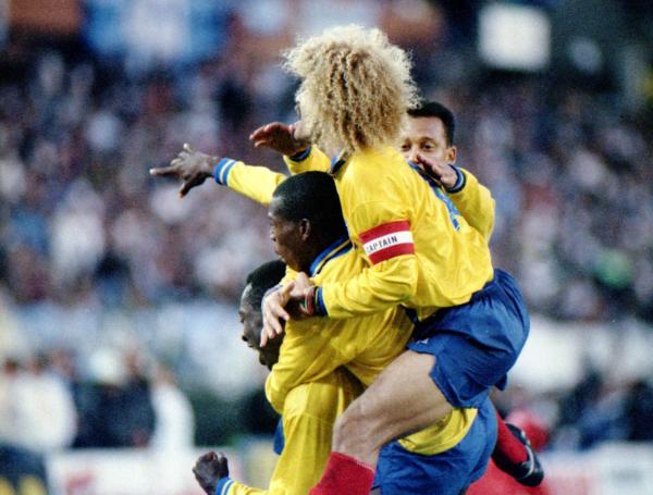 El festejo del gol que abrió el histórico triunfo 5-0 frente a Argentina. Lo marcó Freddy Rincón.