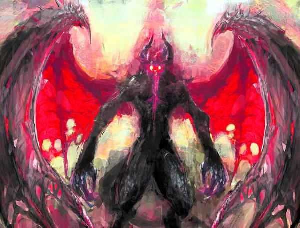 Una representación clásica del diablo, animalesca y aterradora.