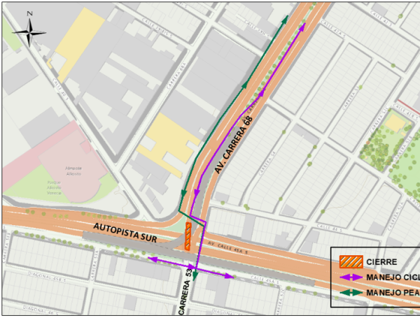 Bogotá: cierre de una calzada y el andén de la avenida 68 por la Autosur