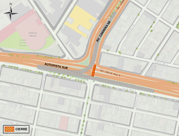 Cierre total de la calzada de la Av. Carrera 68 con Autopista Sur