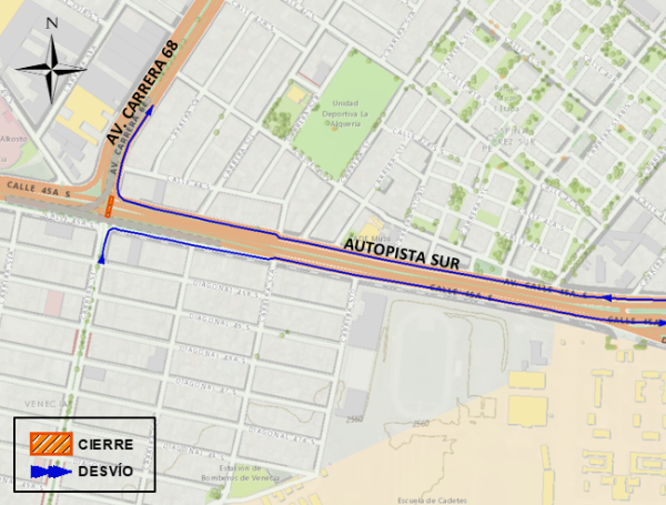 Cierre total de la calzada de la Av. Carrera 68 con Autopista Sur