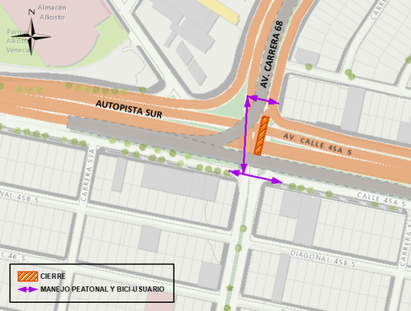 Cierre total de la calzada de la Av. Carrera 68 con Autopista Sur