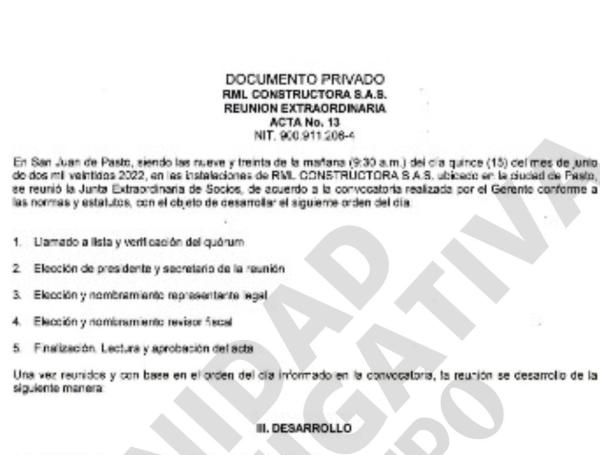 Documento de la empresa RML Constructora SAS en donde registra López Rosero.