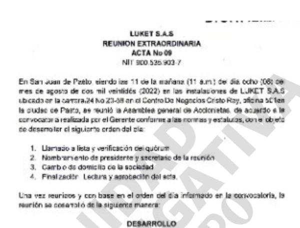 Documento de la empresa Luket SAS en donde registra López Rosero.