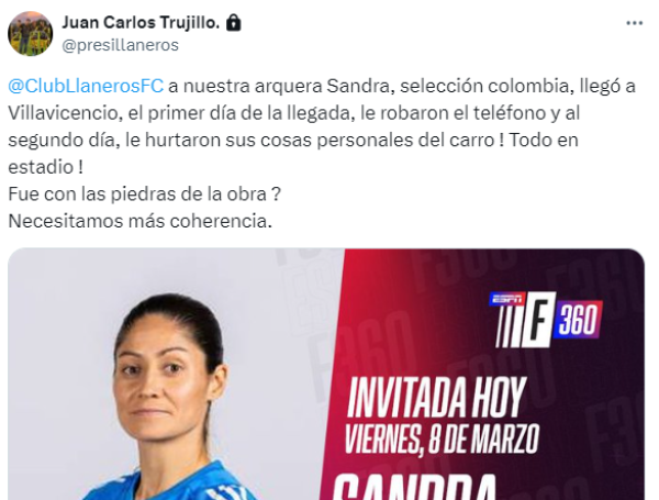 Así denunció el presidente de Llaneros, Juan Carlos Trujillo, los robos a Sandra Sepúlveda.