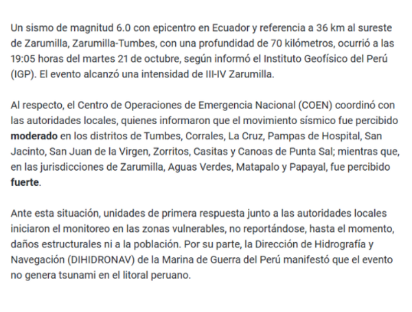 Comunicado  del Instituto de Defensa Civil de Perú.