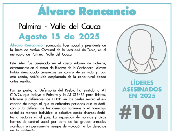 Reporte de Indepaz sobre Álvaro Roncancio.