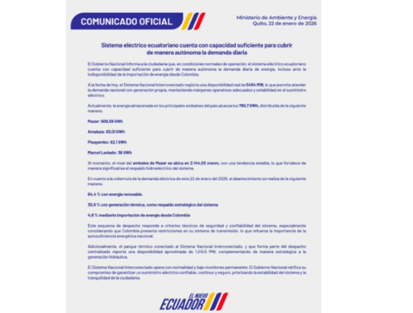 Gobierno de Ecuador habla de autonomía eléctrica.