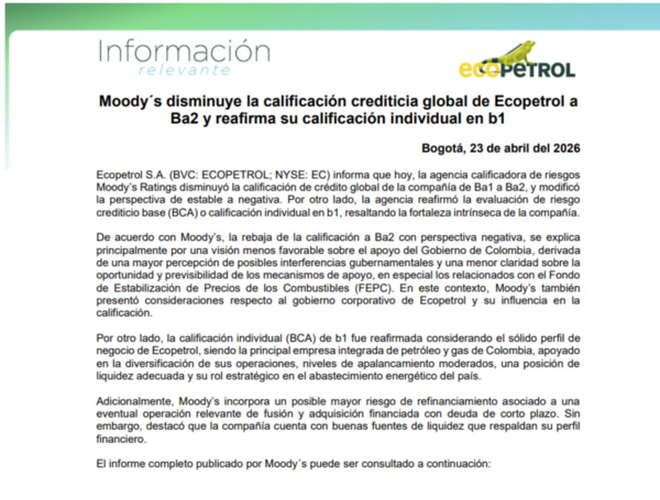 Atención: Moody's baja la calificación a Ecopetrol, habla de clara ...