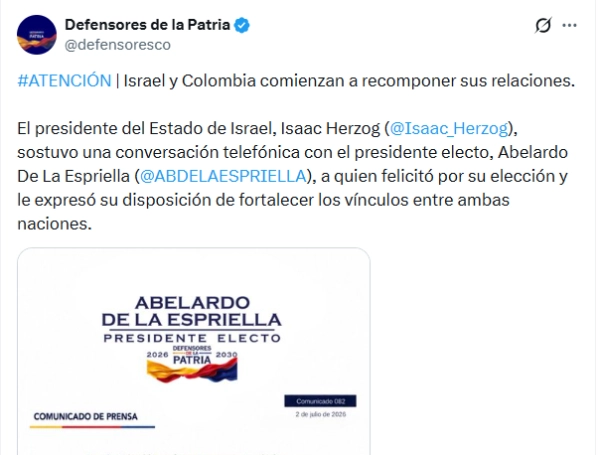Comunicado del movimiento Defensores de la Patria en X.