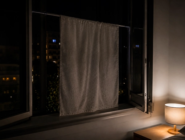 Ventana abierta de noche con toalla colgada para enfriar habitación mediante ventilación cruzada