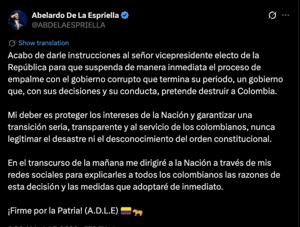 Trino de De la Espriella sobre suspensión del empalme.