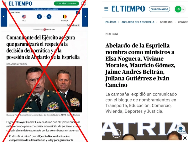 Comparación de la publicación falsa.
