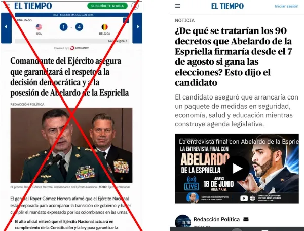 Comparación de la publicación falsa.
