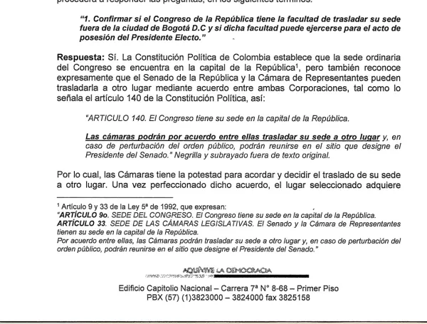 'El Senado y la Cámara pueden trasladar su sede': Congreso confirma que De La Espriella se podría posesionar en otra ciudad con previo acuerdo