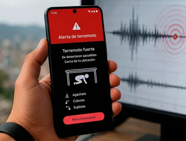 Mano sosteniendo un Android con alerta roja de terremoto fuerte en pantalla