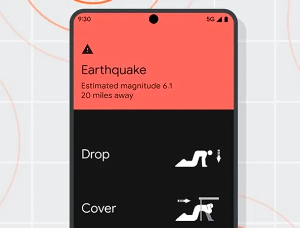 Pantalla de Android mostrando alerta de terremoto de magnitud 6.1 con instrucciones