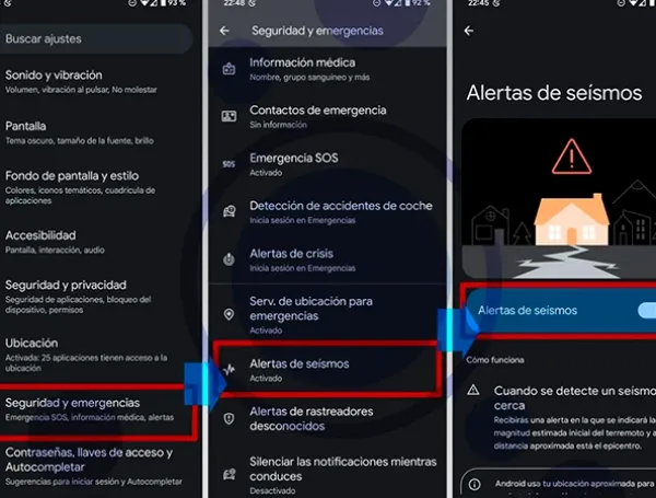 Tres pantallas de Android mostrando los pasos para activar las alertas de sismos en Configuración