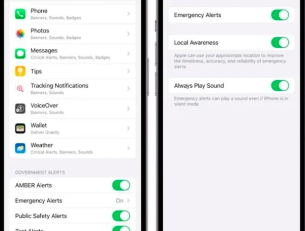 Pantalla de configuración de alertas de emergencia gubernamentales en un iPhone