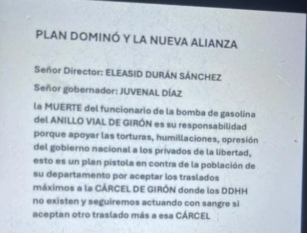Nuevo panfleto en donde intimidan al gobernador de Santander
