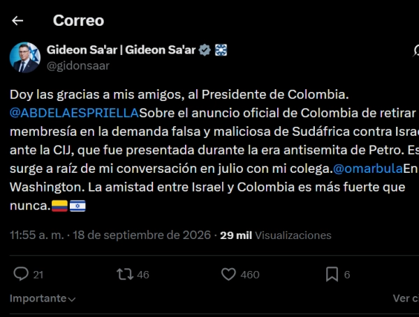 Israel confirma el retiro de Colombia de la demanda promovida por Sudáfrica ante la Corte Internacional de Justicia