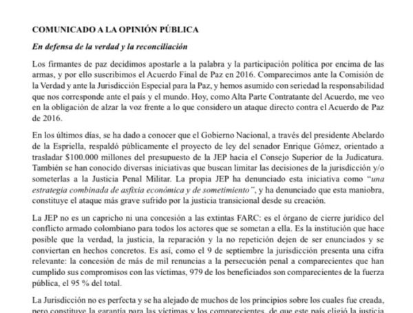 Rodrigo Londoño alertó sobre 'ataque' al Acuerdo de Paz por propuesta de recortar presupuesto a la JEP por parte del Gobierno