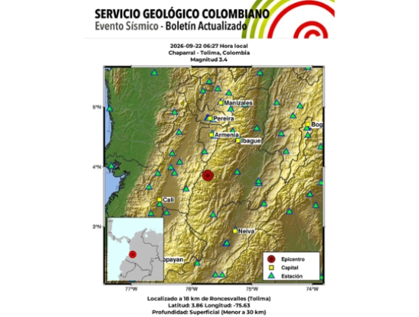 Temblor en Chaparral, Tolima, martes 22 de septiembre 06:27 a.m.