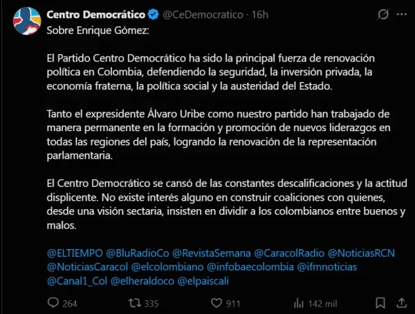 Centro Democrático marca distancia de Enrique Gómez, director de Salvación Nacional