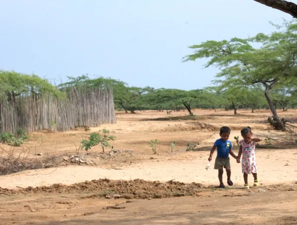 Niños wayuú se toman de la mano en zona rural de Maicao, en La Guajira.