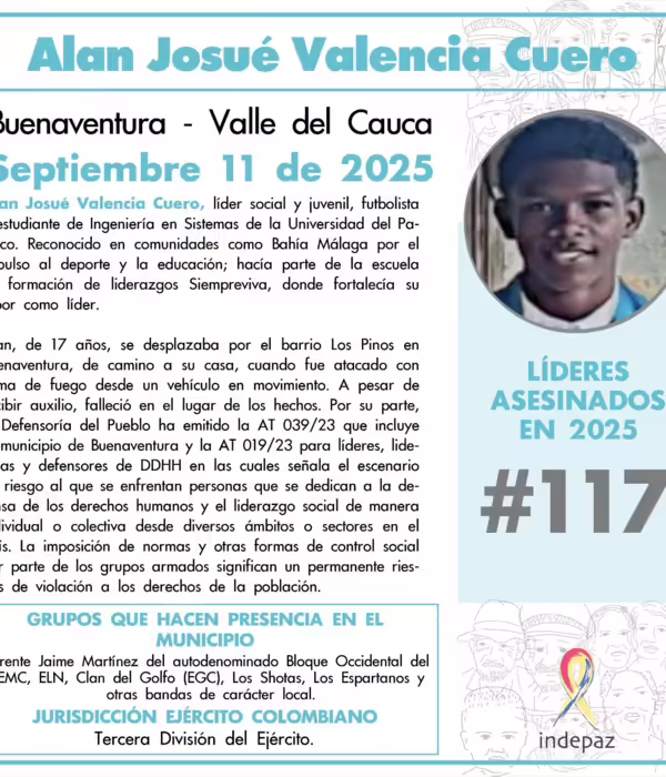 Boletín emitido por Indepaz a raíz del crimen de Alan Josué Valencia Cuero.