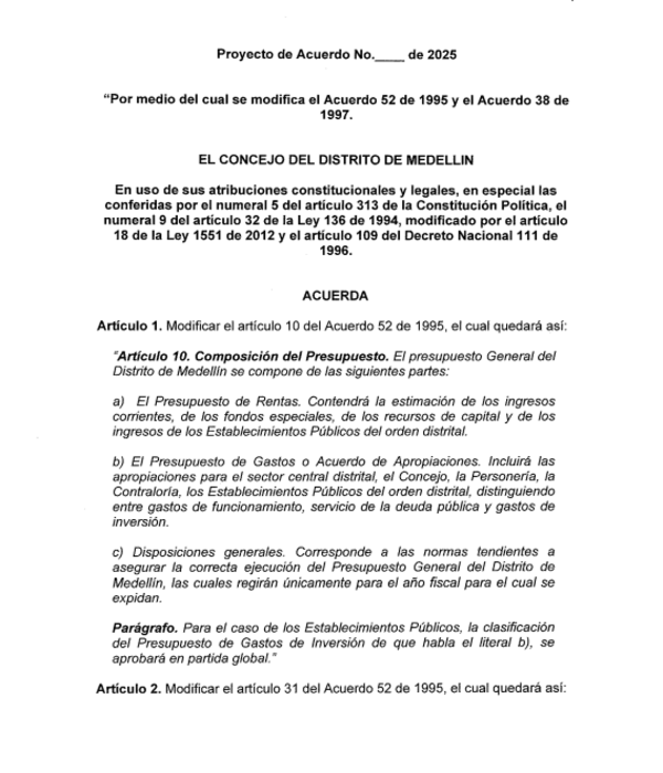 Texto del proyecto de acuerdo 062 de 2025.