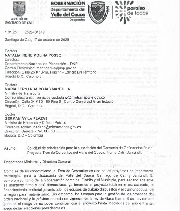 Carta enviada al Gobierno Nacional por la gobernadora del Valle y el alcalde de Cali.