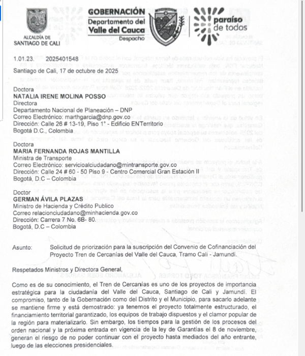 Carta enviada al Gobierno Nacional por la gobernadora del Valle y el alcalde de Cali.