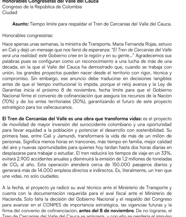 Carta de los gremios a los congresistas por el tren de cercanías.