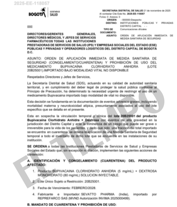 Secretar??a de Salud de Bogot?? prohibi?? el uso de un lote de un medicamento anest??sico